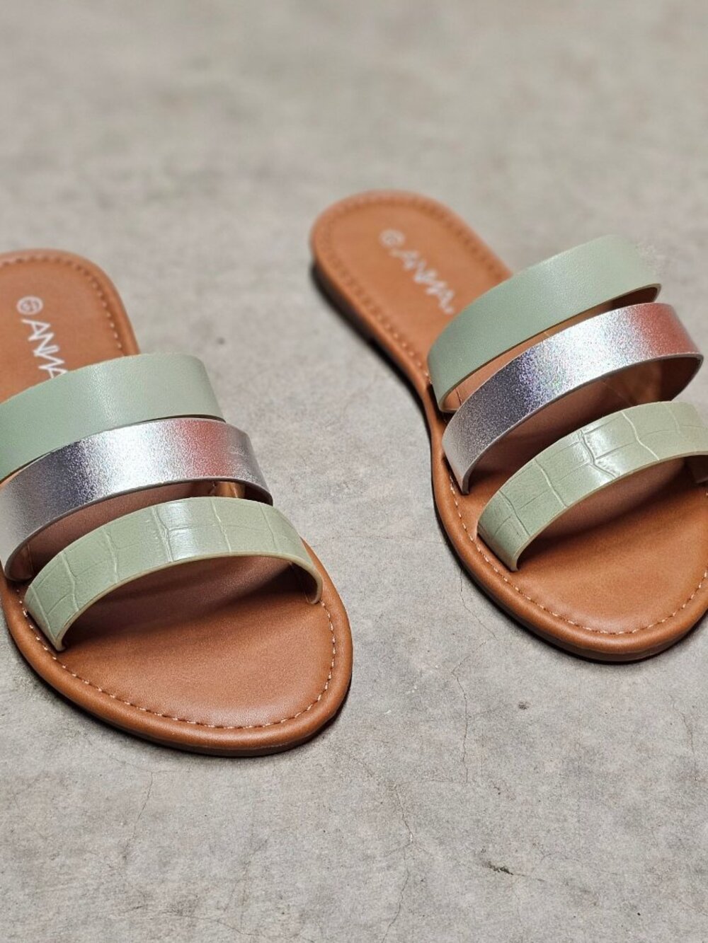Womens Triple Strap Slide Sandals With Metallic & Green Color
